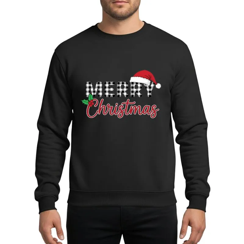 Women's Whimsical Black White Buffalo Plaid 'MERRY' Santa Hat & Red Script 'CHRISTMAS' Holly Design Sweatshirt - 1