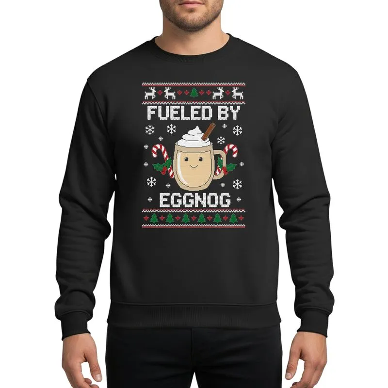 Holiday Enthusiasts' Ugly Sweater Pixel Knit 'Fueled By Eggnog' Mug, Candy Cane, Reindeer Graphic Sweatshirt - 1