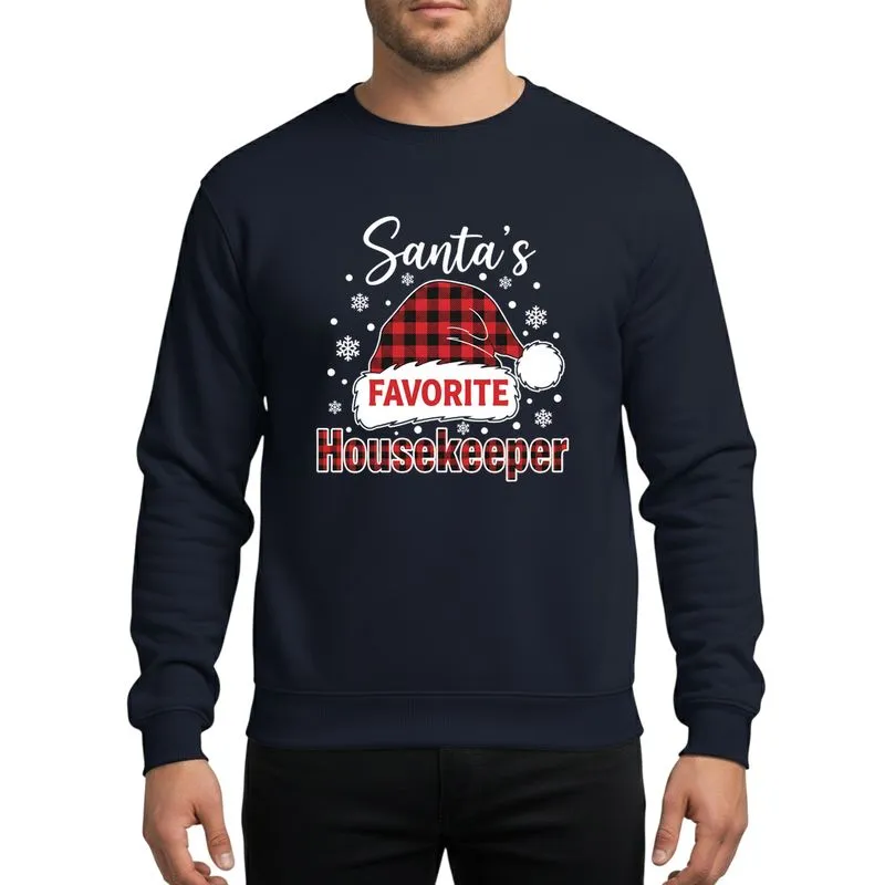 Housekeepers' Festive Santa's Favorite White Script Red Black Buffalo Plaid Hat Snowflake Design Sweatshirt - 1