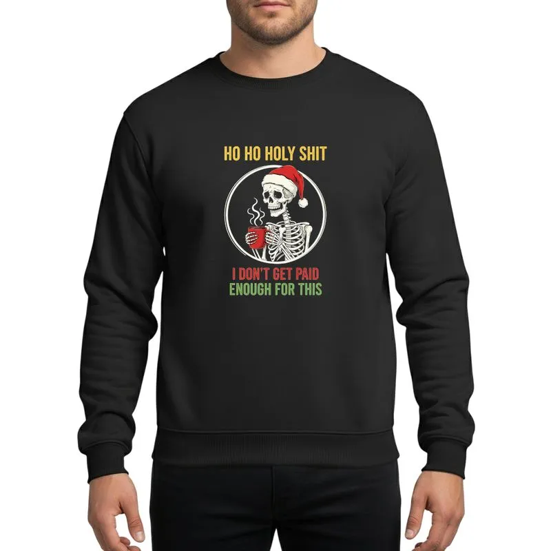 Sarcastic Christmas Fans' Weary White Skeleton in Red Santa Hat, Red Coffee Mug, Yellow Red Green Typography Sweatshirt - 1