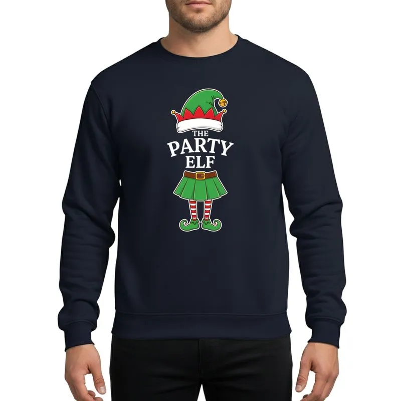 Family & Friends' Whimsical Elf Hat Skirt Red White Striped Legs Gold Accents Christmas Party Design Sweatshirt - 1