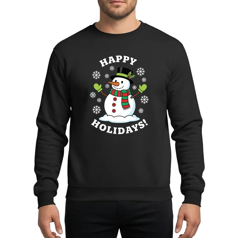 Holiday Celebrators Joyful Illustrative Plump White Snowman Red Green Scarf Orange Carrot Nose Happy Holidays Lettering Sweatshirt - 1