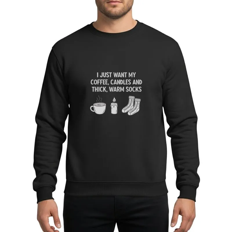 Cozy Comfort Lovers' Minimalist Light Grey Coffee Mug Lit Candle Knit Socks Design Sweatshirt - 1