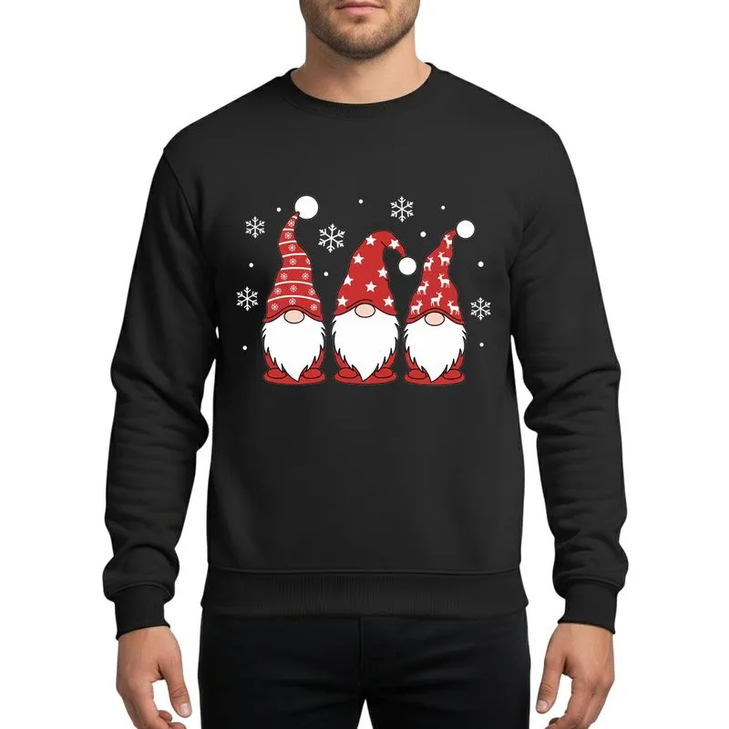 Christmas Lovers' Charming Red White Gnomes Snowflake Star Reindeer Illustration Sweatshirt - 1