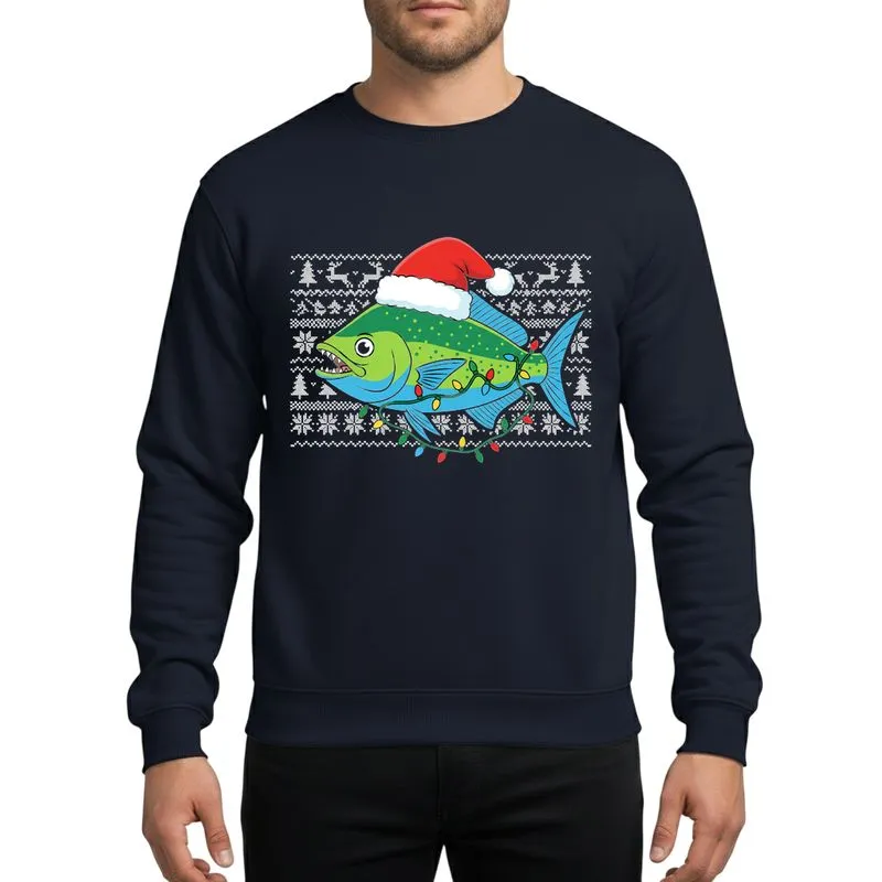 Fishing Enthusiasts' Vibrant Green Mahi-Mahi Santa Hat Christmas Lights Ugly Sweater Pattern Sweatshirt - 1