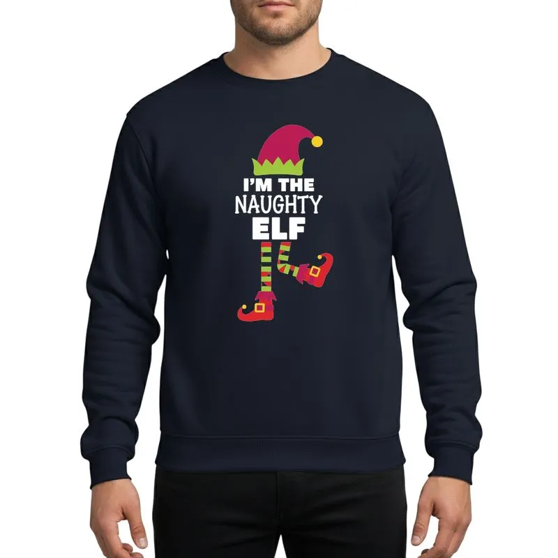 Festive Fans Playful Naughty Elf Deep Pink Hat Lime Green Stripes Red Legs Gold Buckle Design Sweatshirt - 1