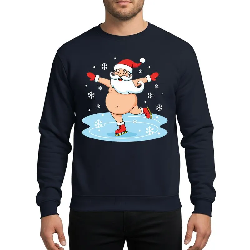 Festive Humor Fans' Humorous Cartoon Santa Belly Exposed Ice Skating Red Hat Mittens Sweatshirt - 1