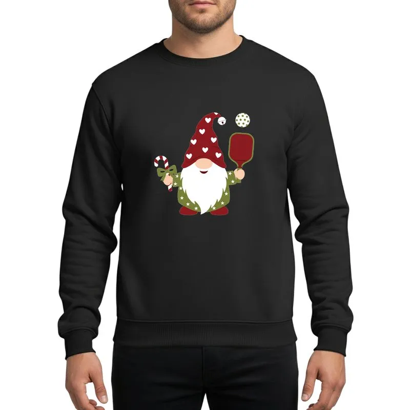 Festive Pickleball Lovers Gnome Dark Red Hat White Hearts Olive Green Tunic Pickleball Paddle Candy Cane Art Sweatshirt - 1