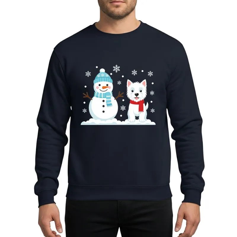 Westie Lovers' Whimsical White Westie Dog Blue Beanie Snowman Red Scarf Snowfall Art Sweatshirt - 1