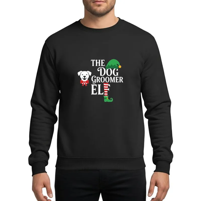 Dog Groomers' Whimsical Christmas Elf Hat Dog Face & Striped Elf Leg Graphic, Red Green White Yellow Sweatshirt - 1