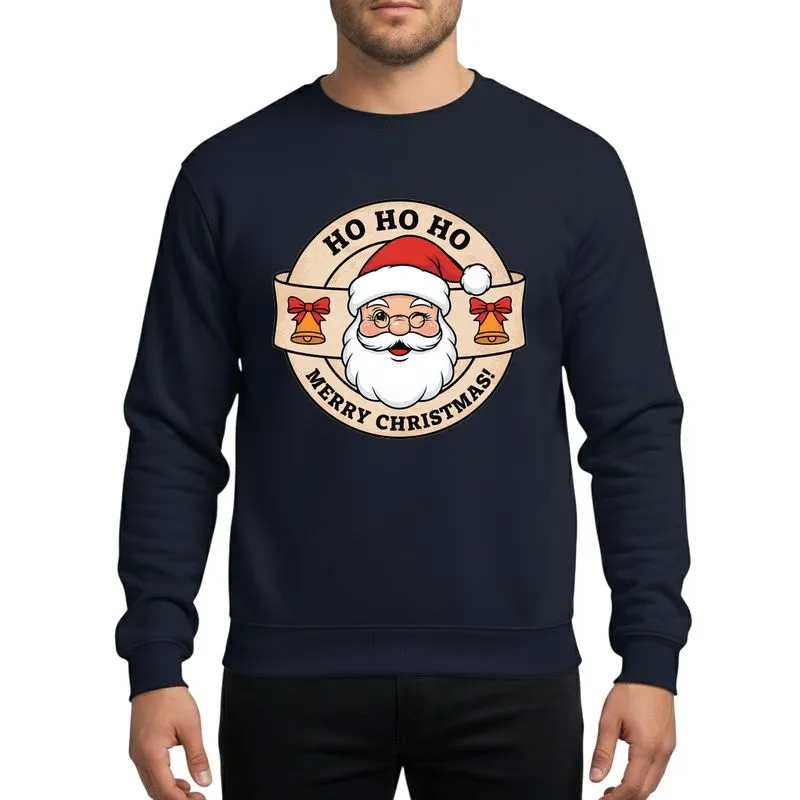 Holiday Enthusiasts' Retro 1950s Winking Santa, Classic Red Hat, Gold Bells, 'Ho Ho Ho' Merry Christmas Aged Design Sweatshirt - 1