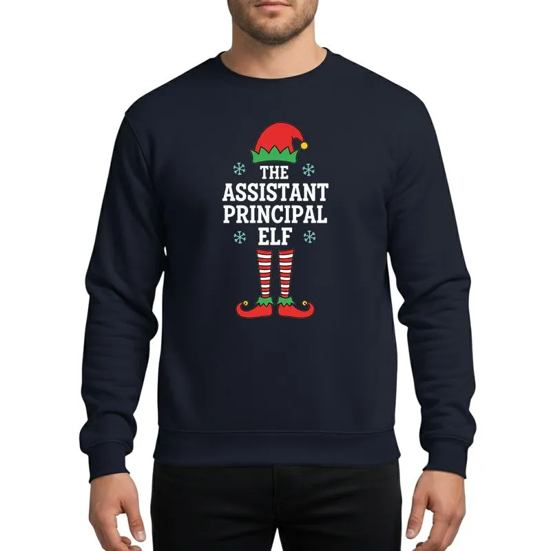 Assistant Principals' Whimsical Red Green Elf Hat Striped Legs White Stacked Text Festive Christmas Design Sweatshirt - 1