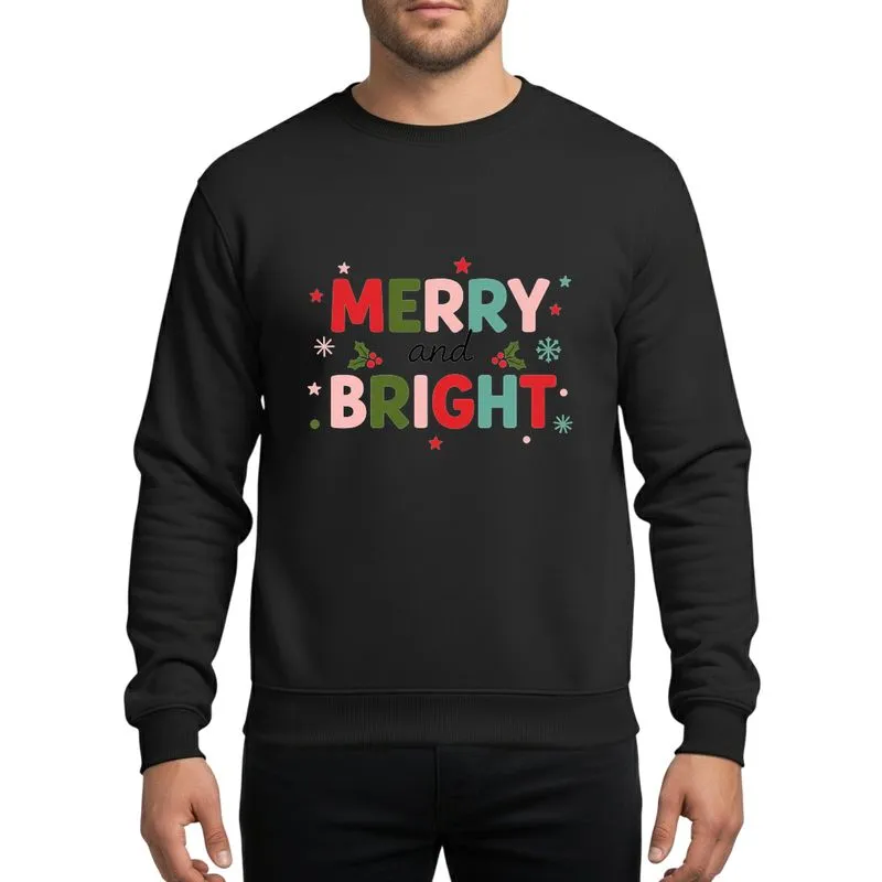 Christmas Enthusiasts' Vibrant Chunky MERRY & BRIGHT Typography, Red Green Pink Teal Holly Stars Snowflakes Sweatshirt - 1