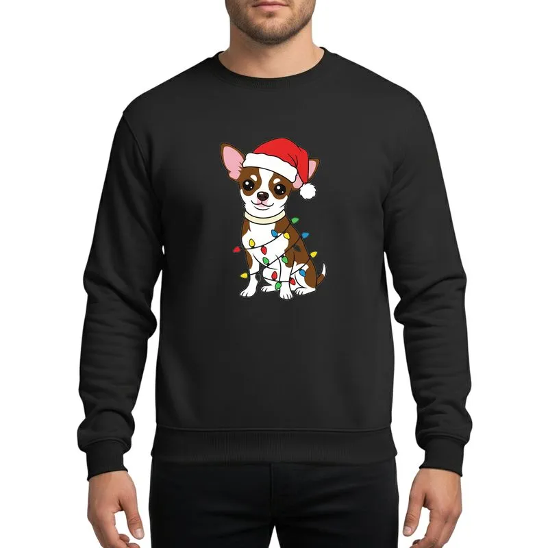 Chihuahua Lovers' Whimsical Brown & White Chihuahua Festive Santa Hat Christmas Lights Sweatshirt - 1