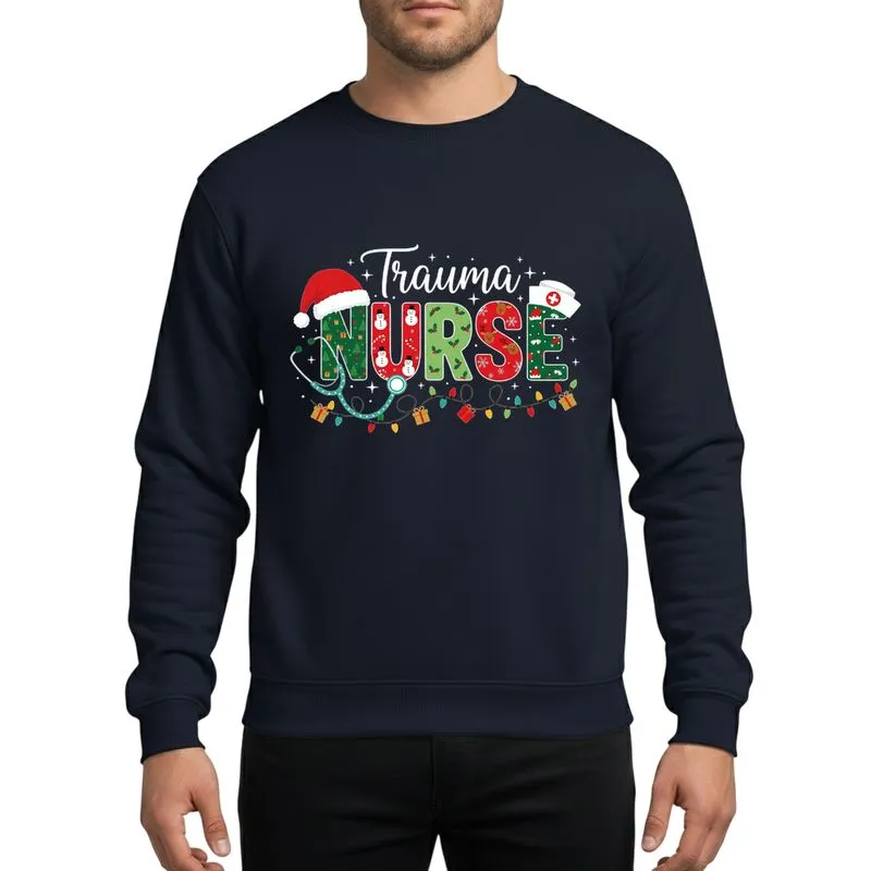 Trauma Nurse Whimsical Christmas Santa Hat Nurse Cap Stethoscope Holly Snowflake Red Green Design Sweatshirt - 1