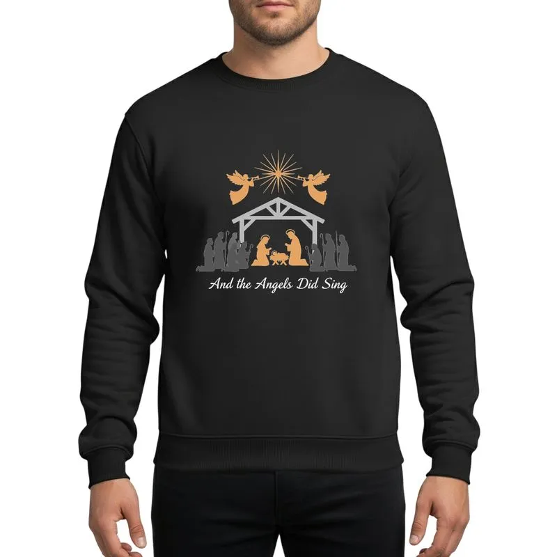 Holiday Celebrators' Gold Silver White Minimalist Nativity Silhouette Radiant Star & Trumpet Angels Script Sweatshirt - 1
