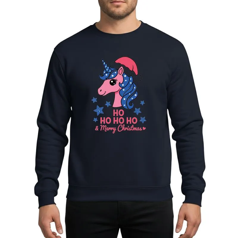 Family Christmas Fans' Cheerful Pink Unicorn Red Santa Hat Dark Blue Star Mane Ho Ho Ho & Merry Christmas Design Sweatshirt - 1