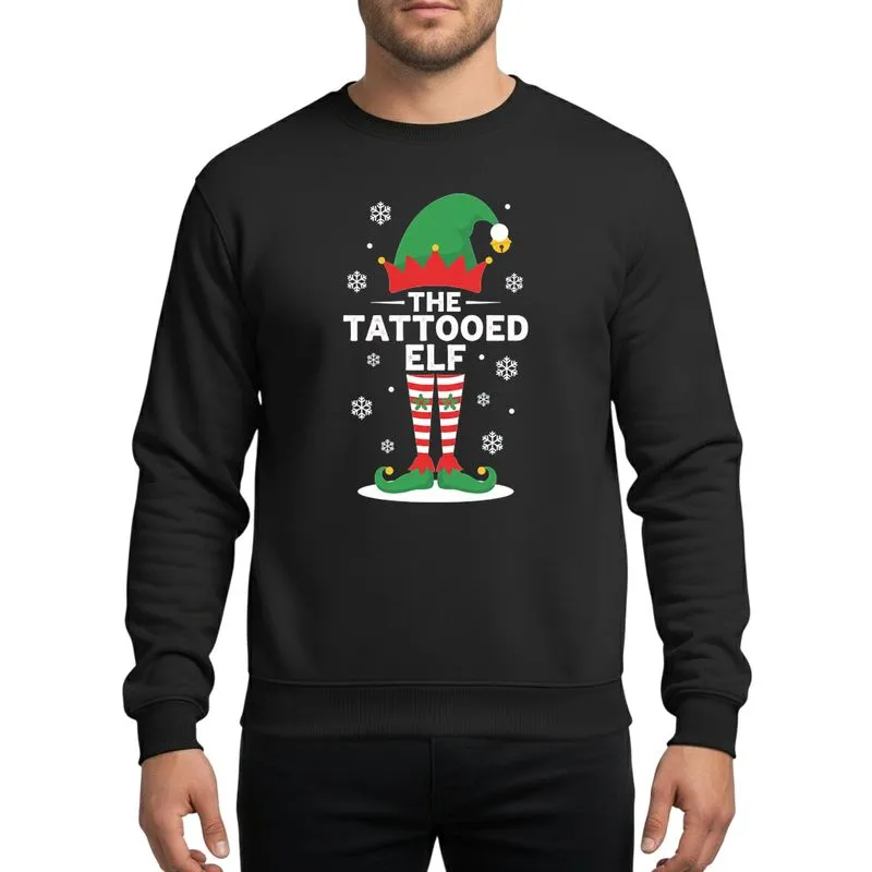 Festive Family Fun Whimsical Elf Green Hat Candy Cane Legs Holly Tattoos 'THE TATTOOED ELF' Art Sweatshirt - 1