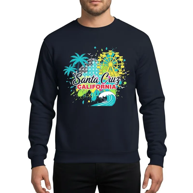 Coastal Adventure Seekers' Pink Script Santa Cruz California Retro Surf & Amusement Park Neon Splatter Sweatshirt - 1