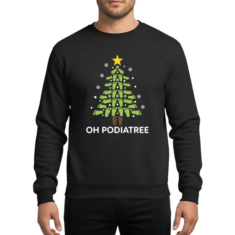 Podiatry Professionals Humorous Lime Green Footprint Christmas Tree, Yellow Star & 'OH PODIATREE' Text Sweatshirt - 1