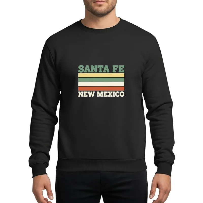 New Mexico Lovers & Retro Style Enthusiasts Santa Fe New Mexico Retro Teal Block Text Yellow Green White Orange Stripe Black Art Sweatshirt - 1