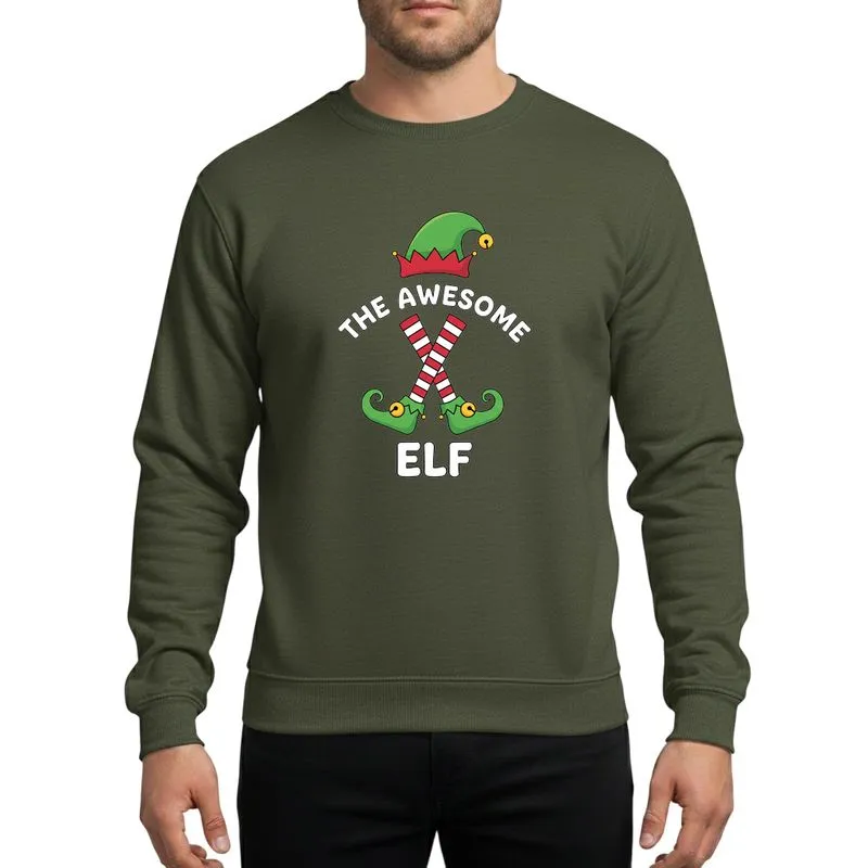 Festive Groups' Vibrant Green Elf Hat, Red White Striped Socks, Dynamic Curly Shoes Yellow Bells Flat Vector Sweatshirt - 1
