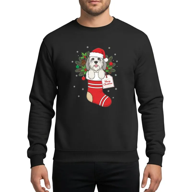 Dog Lovers' Fluffy Old English Sheepdog Red Santa Hat Christmas Stocking Festive Holly Pine Artwork Sweatshirt - 1