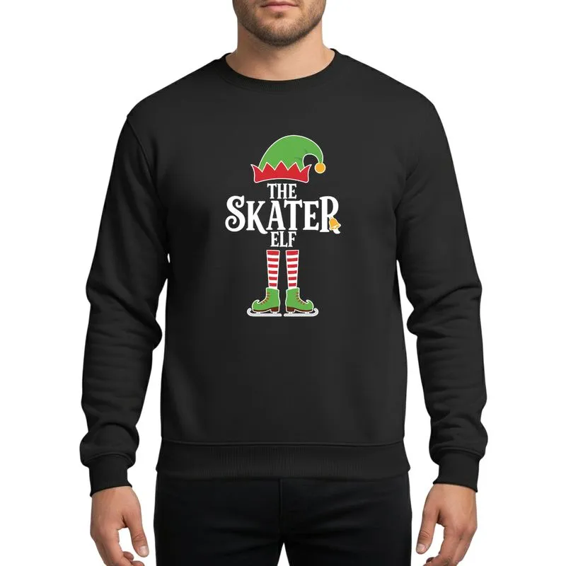 Family Christmas Whimsical Skater Elf Hat Ice Skates Red Green White Stripes Golden Bell Typography Sweatshirt - 1