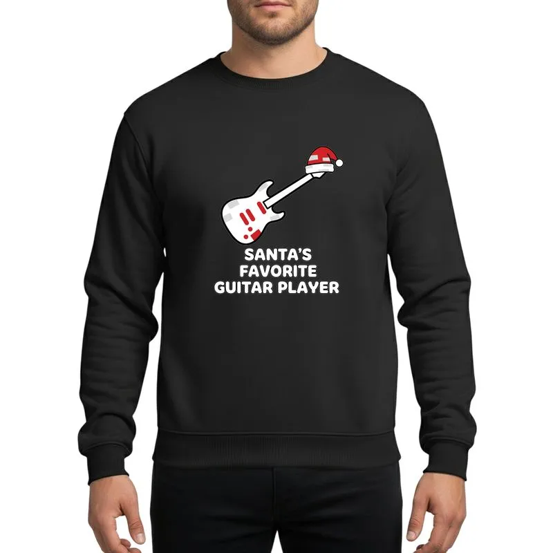 Guitar Players' Festive Red White Black Outlined Electric Guitar Santa Hat Holiday Graphic Sweatshirt - 1