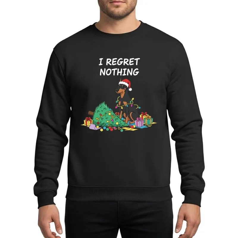 Doberman Lovers' Naughty Doberman Santa Hat Toppled Christmas Tree 'I Regret Nothing' Red Green Festive Art Sweatshirt - 1