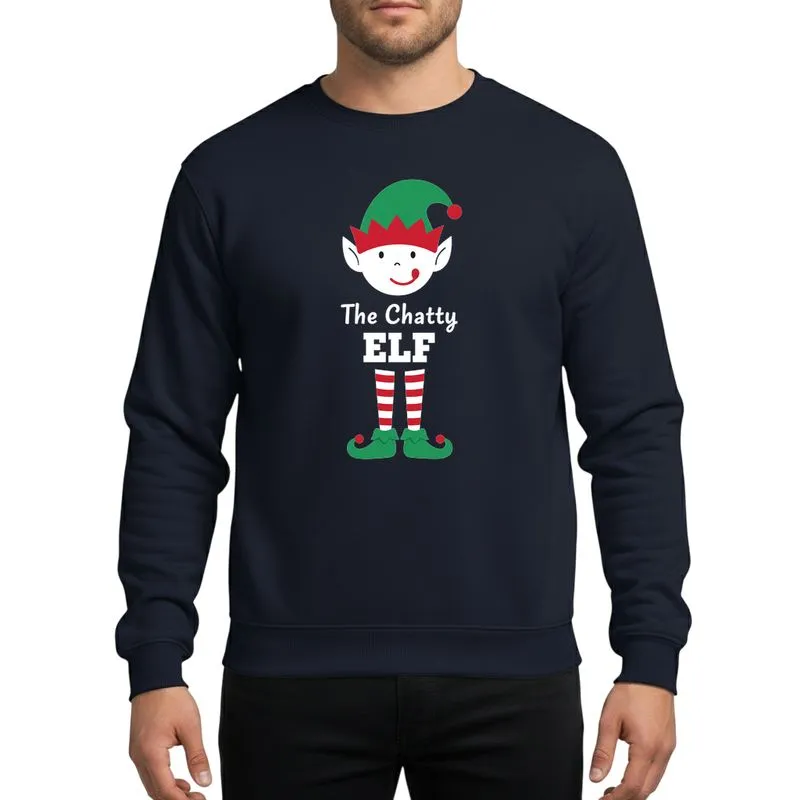 Festive Families' Vibrant Green Red White Flat Cartoon Chatty Elf Holiday Stripes Design Sweatshirt - 1