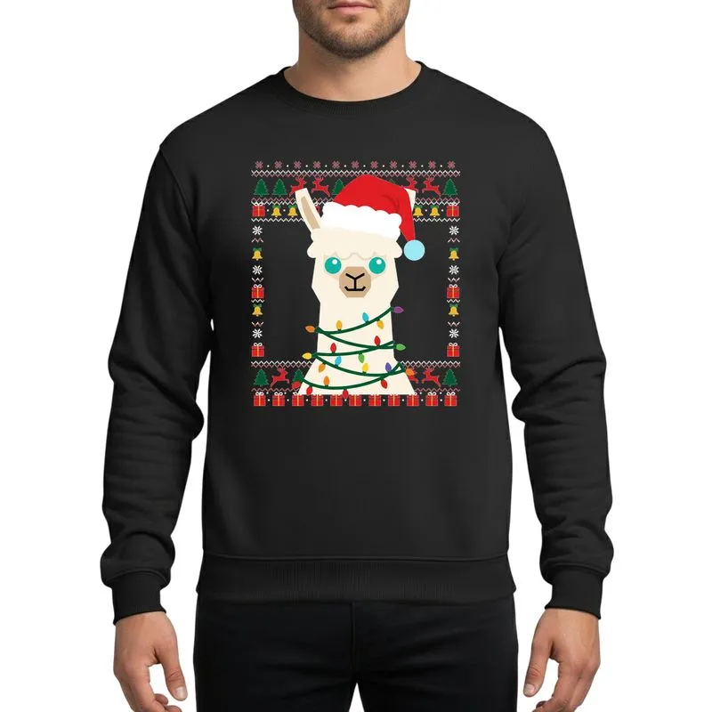 Festive Holiday Lovers' Santa Llama Tangled Multi-Color Christmas Lights Red Green Black Ugly Sweater Art Sweatshirt - 1