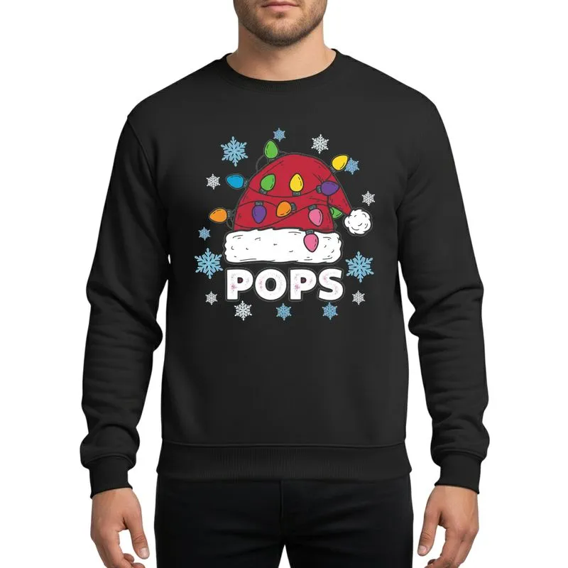 Grandpa's Holiday Family Festive Red Santa Hat with Multi-Color Lights, Distressed White POPS, Snowy Blue Flakes Sweatshirt - 1