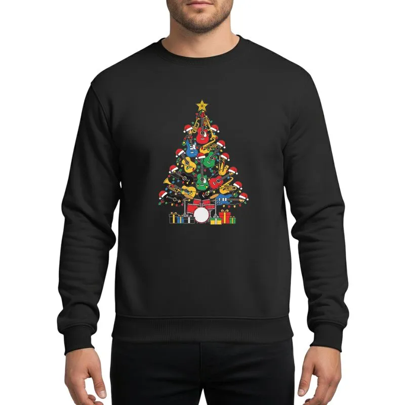 Guitarist & Music Lover's Festive Instrument Tree with Santa Hats, Bright Lights, Gold Star, and Gift Boxes Art Sweatshirt - 1