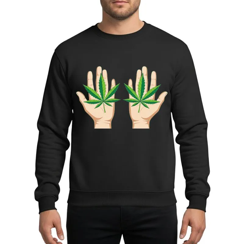 Art Enthusiasts' Symmetrical Hands Holding Distinctive Serrated Leaf Lime Emerald Green Flat Art Sweatshirt - 1