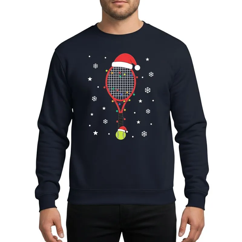 Tennis Player's Christmas Red Tennis Racket & Neon Ball with Santa Hats, Multi-Color Christmas Lights, White Snowflakes Black Sky Sweatshirt - 1