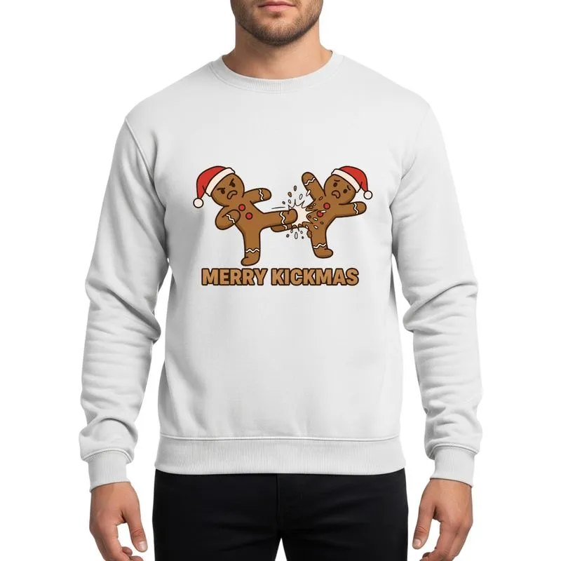 Family Christmas Enthusiasts' Humorous Gingerbread Karate Kick Dynamic Santa Hats Metallic Gold Text Sweatshirt - 1