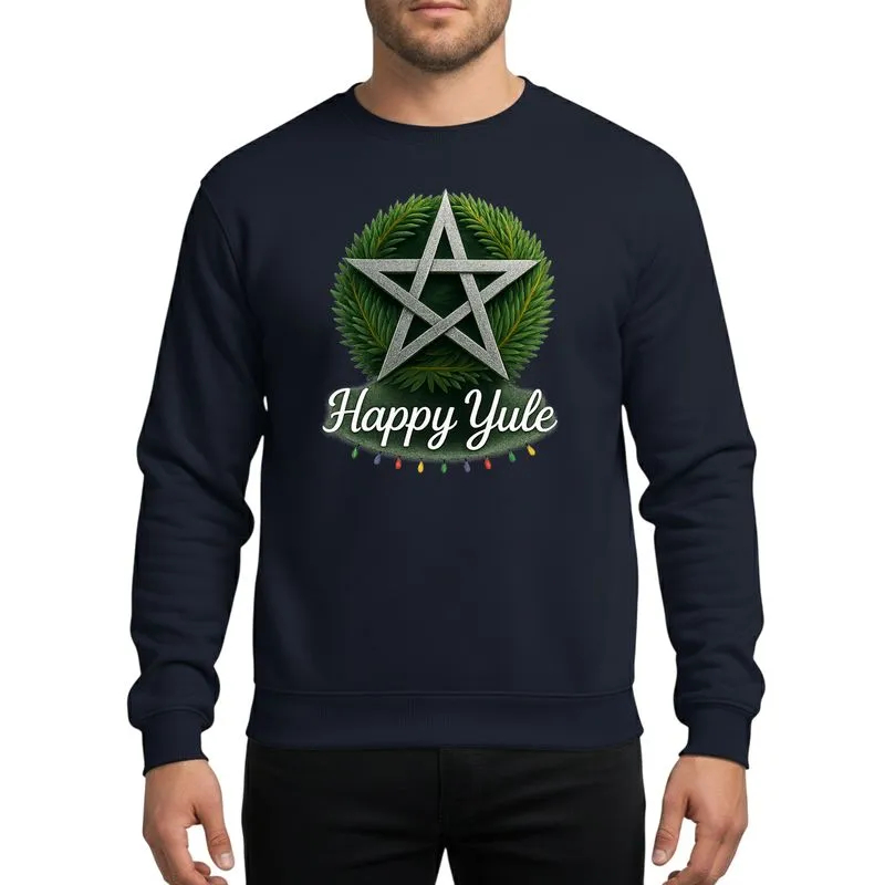 Solstice Celebrators' Shimmering Silver Pentagram Green Pine Wreath Happy Yule Light Graphic Sweatshirt - 1