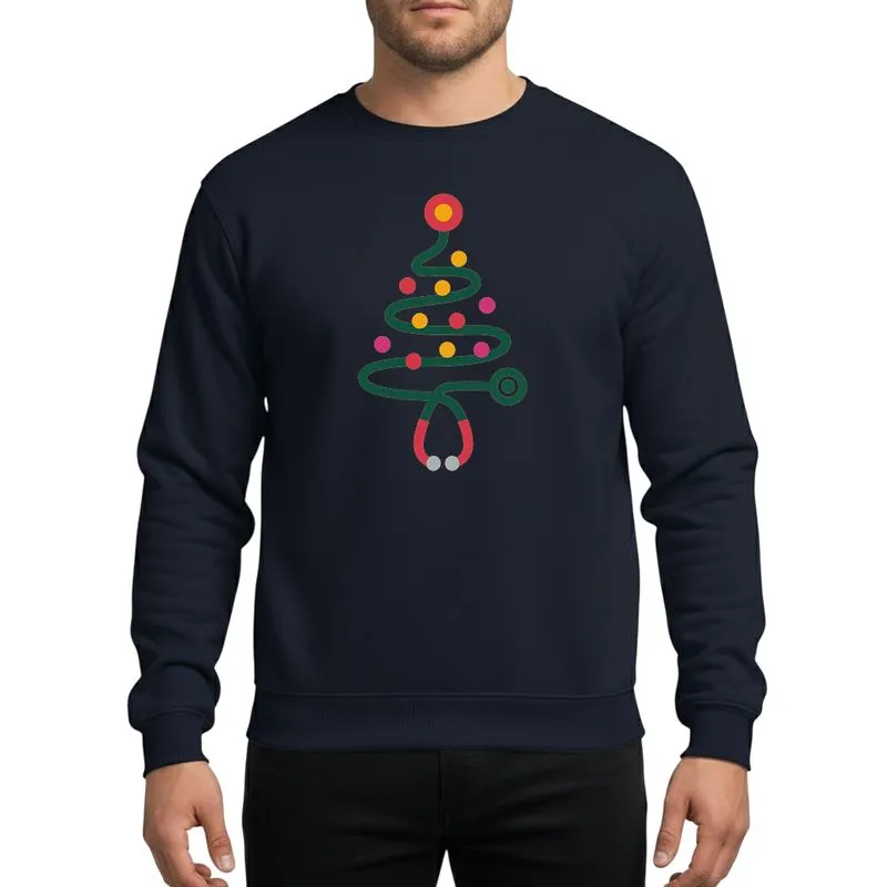 Nurses' Minimalist Flat Graphic Stethoscope Christmas Tree Dark Green Spiral Red Ear Tubes Colorful Lights Sweatshirt - 1