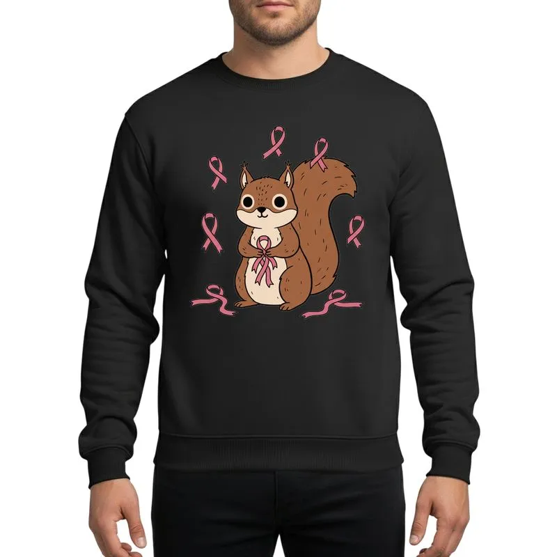 Kindness Advocates' Hand-Drawn Brown Squirrel Holding Vibrant Pink Ribbon Cascade Artwork Sweatshirt - 1