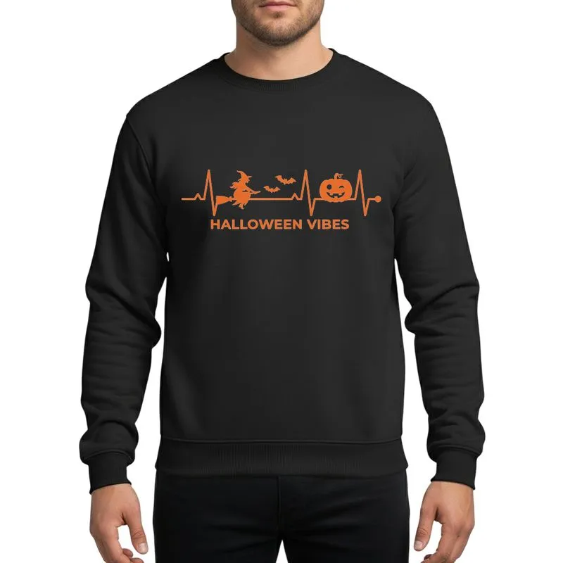 Halloween Enthusiasts' Minimalist Orange Witch Pumpkin Bat EKG Line Art with 'Halloween Vibes' Text Sweatshirt - 1