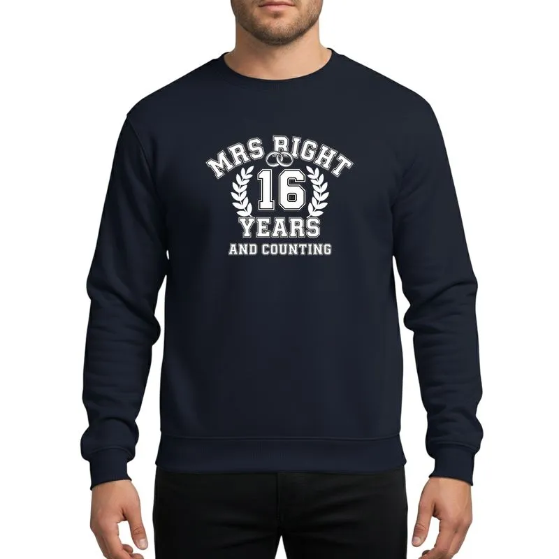 Wife's White Black Outlined Varsity Collegiate 'Mrs Right 16 Years And Counting' Emblem with Rings Sweatshirt - 1