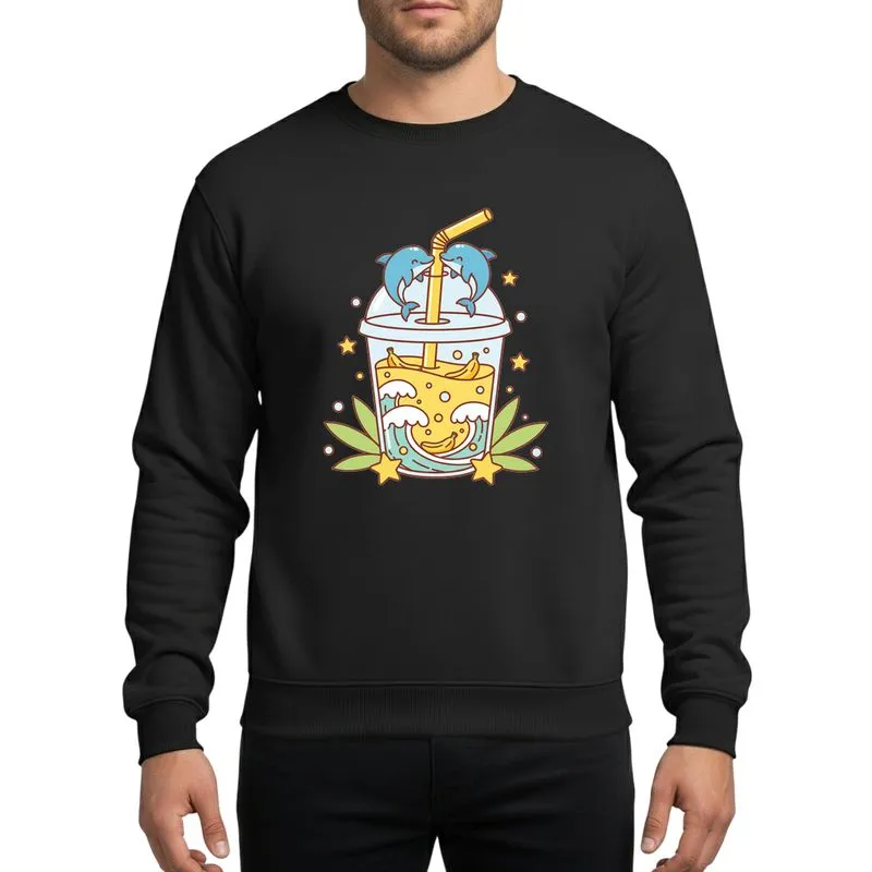 Kawaii Aesthetic Lovers' Cheerful Banana Smoothie Cup, Blue Dolphins, Ocean Waves, Yellow Stars, Green Palms Sweatshirt - 1