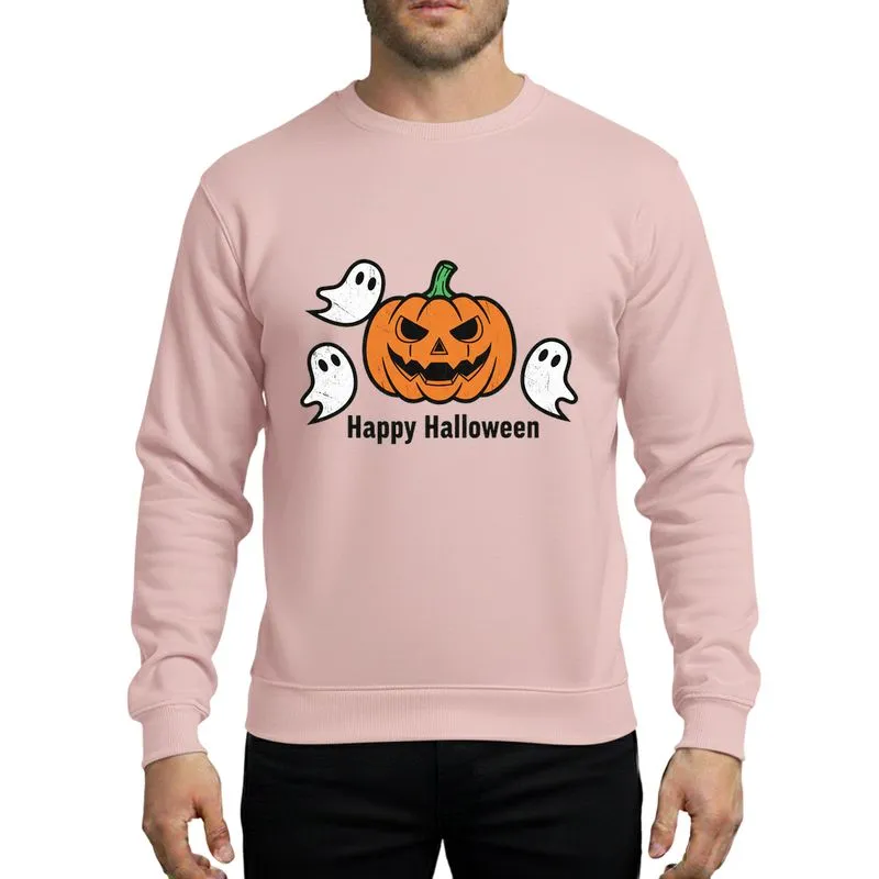 Halloween Gamers' Rustic Orange Jack-o'-Lantern, Green Stem, Playful White Ghosts, Distressed Black 'Happy Halloween' Flat Art Sweatshirt - 1