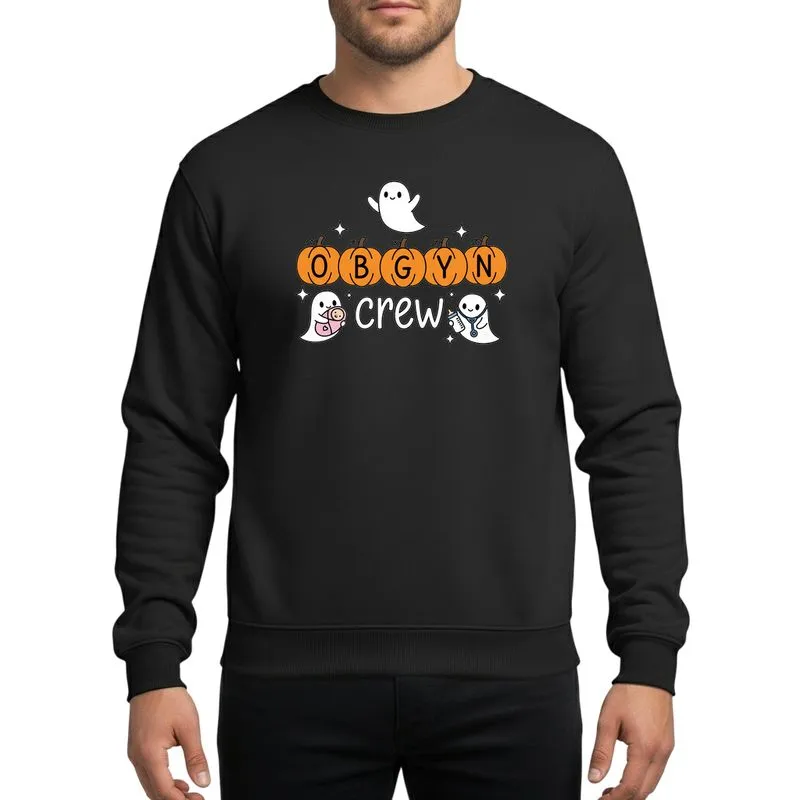 OBGYN Crew Halloween Whimsical Orange Pumpkins O B G Y N Letters Friendly Ghost Trio Baby Stethoscope Bottle Pink Blue Accents Cartoon Art Sweatshirt - 1