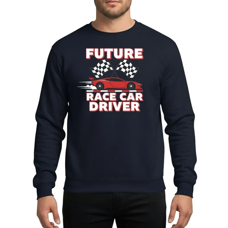 Kids' Dynamic Future Race Car Driver Graphic with Red Racecar, Checkered Flags, White & Red Outline Text Sweatshirt - 1