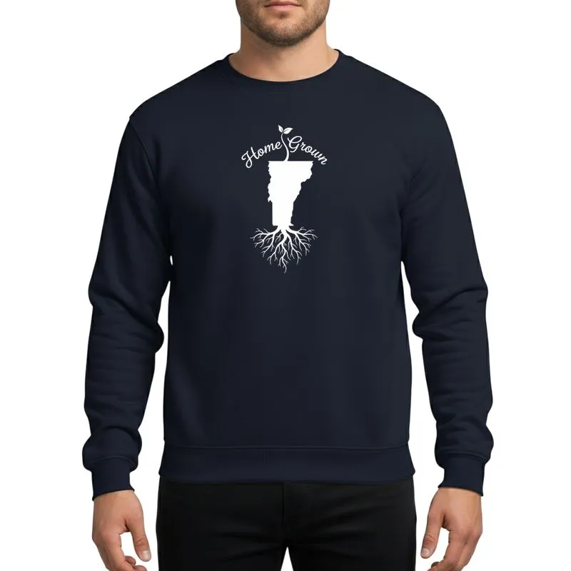 Vermont Lovers' Solid White Home Grown Script, State Silhouette, Elegant Sprout & Roots Sweatshirt - 1