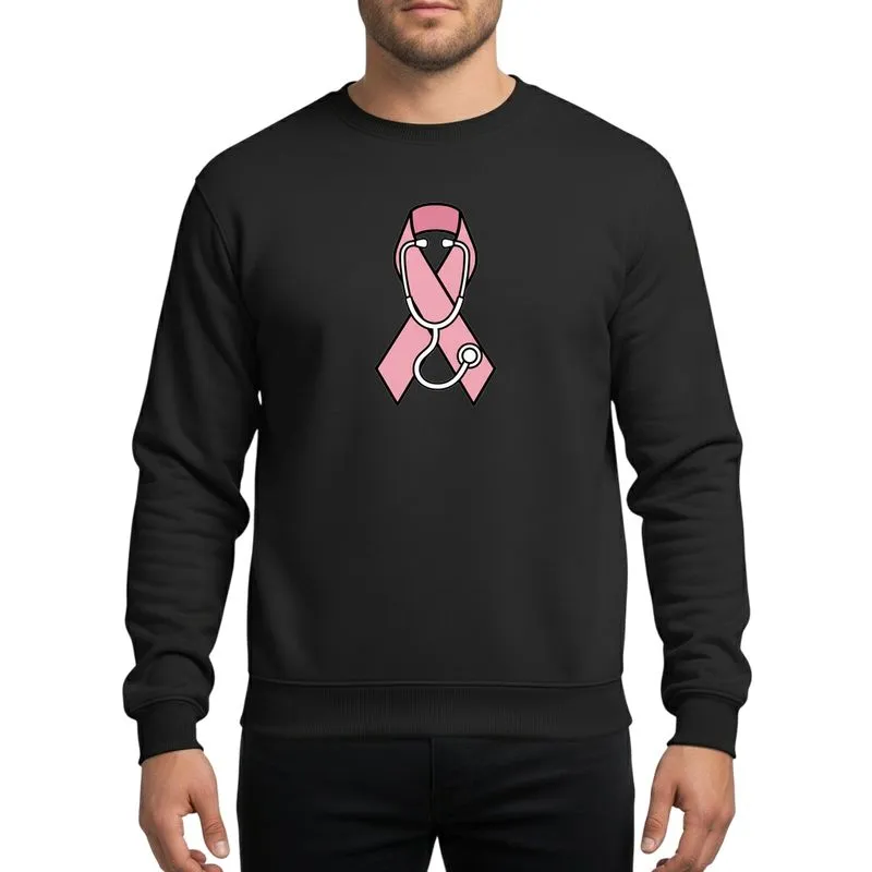 Women's Pastel Pink Awareness Ribbon & Minimalist White Stethoscope Graphic Sweatshirt - 1