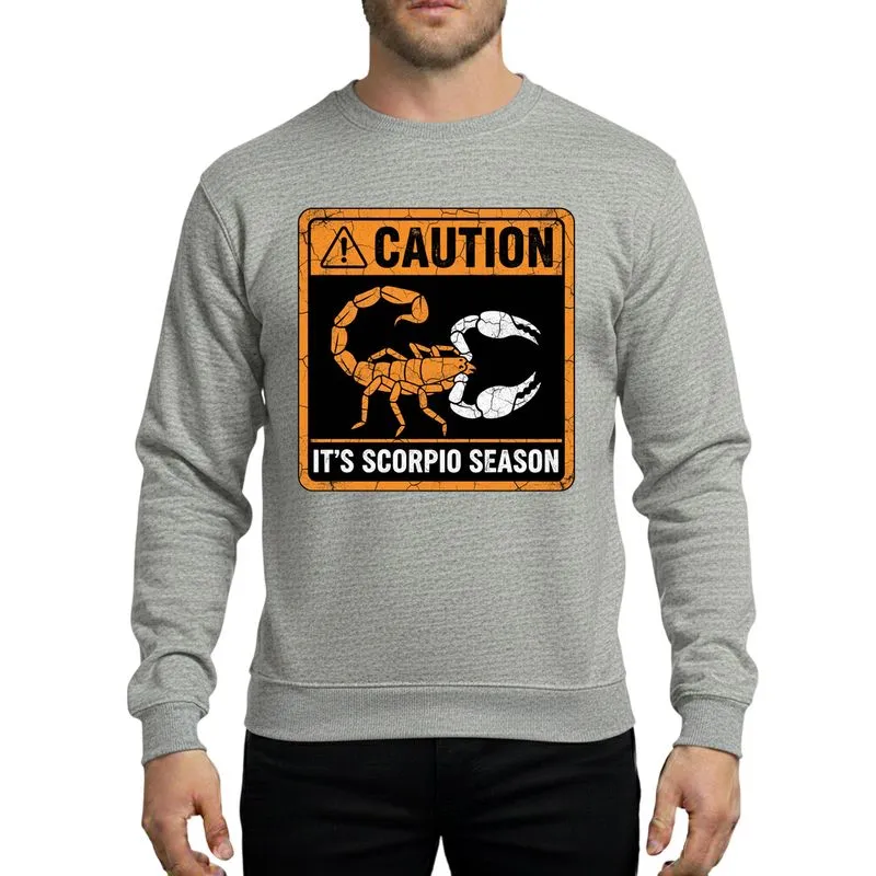 Scorpio Enthusiasts' Distressed Yellow Black White CAUTION IT'S SCORPIO SEASON Warning Sign Stylized Scorpion Grunge Sweatshirt - 1
