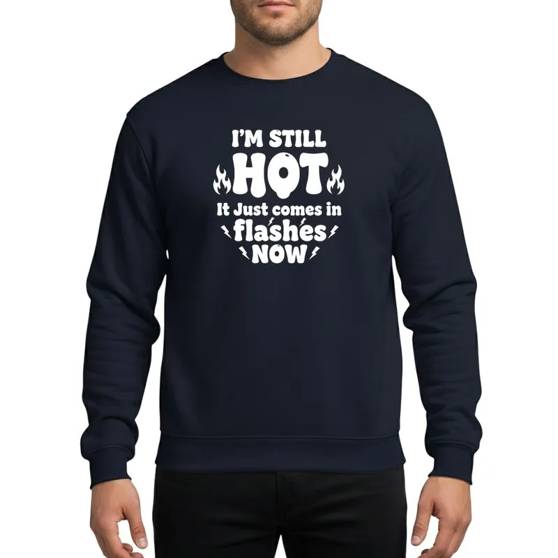 Humorous Adults' White Retro Typography Graphic Design with Melting 'HOT' Text, Flames, & Lightning Sweatshirt - 1